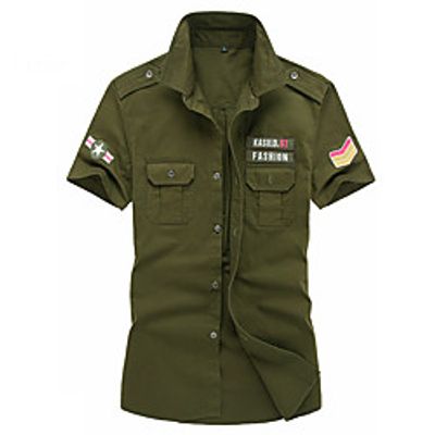 Men's Shirt Geometry Letter Embroidered Patchwork Short Sleeve Casual Tops Simple Lightweight Basic Classic Army Green Khaki White miniinthebox