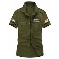 Men's Shirt Geometry Letter Embroidered Patchwork Short Sleeve Casual Tops Simple Lightweight Basic Classic Army Green Khaki White miniinthebox - thumbnail