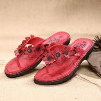 Flower Genuine Leather Flip Flops Folkways Beach Slippers