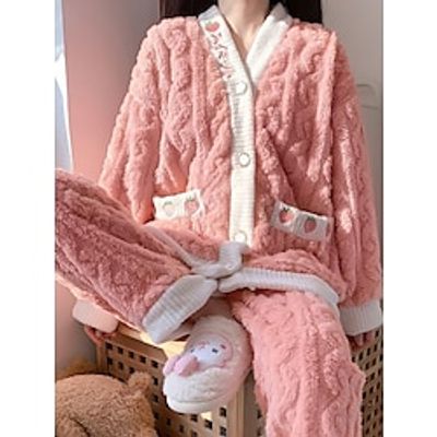 Women's Pajamas Sets Fruit Plush Casual Comfort Home Bed Flannel Warm Breathable V Wire Long Sleeve Shirt Pant Button Pocket Fall Winter Pink Lightinthebox