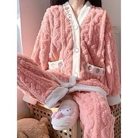 Women's Pajamas Sets Fruit Plush Casual Comfort Home Bed Flannel Warm Breathable V Wire Long Sleeve Shirt Pant Button Pocket Fall Winter Pink Lightinthebox - thumbnail
