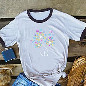 Women's T shirt Floral Flower Print Round Neck Tops 100% Cotton Basic Basic Top White miniinthebox