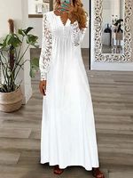 Round Neck Casual Loose Floral Print Lace Long Sleeve Maxi Dress