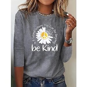 Women's T shirt Tee Blue Gray Black Daisy Text Print Long Sleeve Daily Weekend Basic Round Neck Regular Floral Painting S Lightinthebox