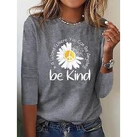 Women's T shirt Tee Blue Gray Black Daisy Text Print Long Sleeve Daily Weekend Basic Round Neck Regular Floral Painting S Lightinthebox - thumbnail