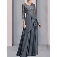 A-Line Mother of the Bride Dress Wedding Guest Elegant V Neck Floor Length Chiffon Half Sleeve with Lace Ruching 2023 Lightinthebox - thumbnail