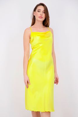 Womens Plain Satin Spaghetti Strap Dress  Yellow