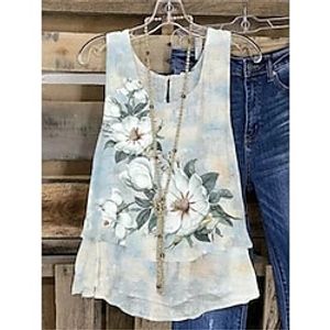 Women's Tank Top White Blue Floral Print Sleeveless Casual Holiday Basic Round Neck Regular Floral S miniinthebox
