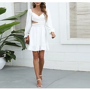 Women's A Line Dress Short Mini Dress White Long Sleeve Pure Color Backless Patchwork Summer V Neck Stylish Work Casual 2022 S M L XL Lightinthebox