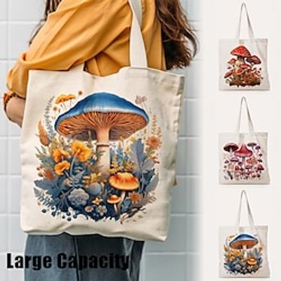 Women's Tote Shoulder Bag Canvas Tote Bag Mushroom Pattern Canvas Shopping Daily Holiday Flower Print Large Capacity Foldable Lightweight Plant Blue miniinthebox