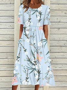 Round Neck Casual Loose Floral Print Vacation Short Sleeve Midi Dress