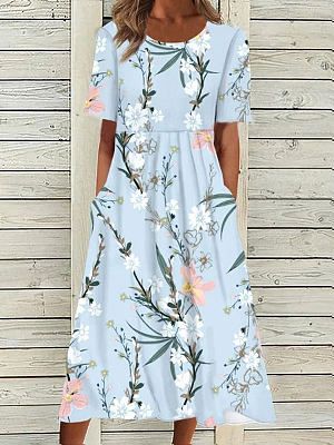 Round Neck Casual Loose Floral Print Vacation Short Sleeve Midi Dress