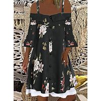 Women's Swing Dress Knee Length Dress Black Short Sleeve Flower Spring Summer Off Shoulder Casual 2021 S M L XL XXL Lightinthebox - thumbnail