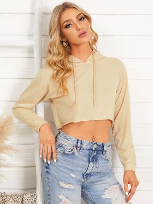 Khaki Casual Cropped Hoodie With Long Sleeves Khaki Casual Cropped Hoodie With Long Sleeves