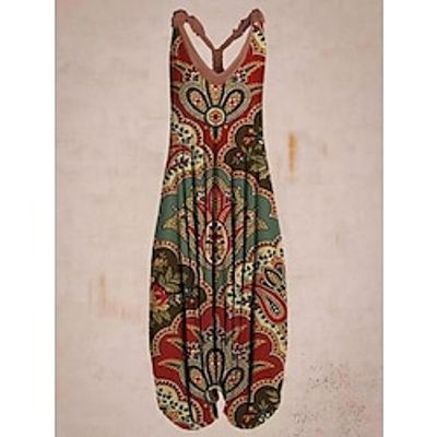Women's Jumpsuit Print Floral V Neck Holiday Vacation Weekend Harem Loose Fit Sleeveless Sleeveless Light Brown Light Blue S M L All Seasons Lightinthebox
