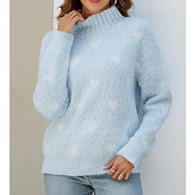 Women's Pullover Sweater Jumper Stand Collar Ribbed Knit Polyester Patchwork Fall Winter Regular Outdoor Daily Going out Stylish Casual Soft Long Sleeve Heart Pink Blue Khaki S M L miniinthebox