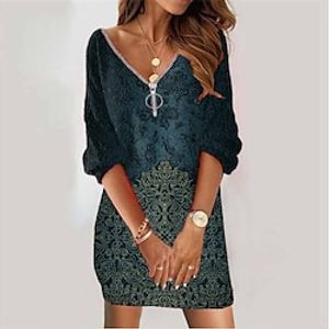 Women's Sweatshirt Dress Winter Dress Navy Blue Long Sleeve Floral Zipper Print Winter Fall V Neck Vacation Casual Fall Dress Loose Fit 2022 S M L XL XXL 3XL Lightinthebox