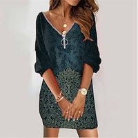 Women's Sweatshirt Dress Winter Dress Navy Blue Long Sleeve Floral Zipper Print Winter Fall V Neck Vacation Casual Fall Dress Loose Fit 2022 S M L XL XXL 3XL Lightinthebox - thumbnail