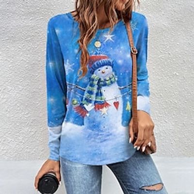 Christmas Shirt Women's T shirt Tee Snowman Blue Print Long Sleeve Christmas Weekend Festival  Holiday Round Neck Regular Fit Spring   Fall Lightinthebox