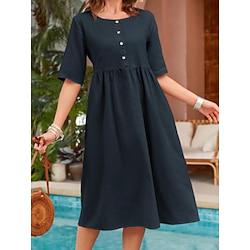 Women's Cotton Linen Dress Cotton Summer Dress Maxi Dress Button Pocket Vacation Crew Neck Half Sleeve Summer Spring Pink Navy Blue Plain Lightinthebox