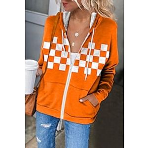 Women's Zip Hoodie Sweatshirt Active Sportswear Drawstring Zip Up Front Pocket Orange Plaid Casual Sports Hoodie Long Sleeve Top Micro-elastic Fall  Winter Lightinthebox