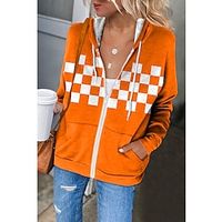 Women's Zip Hoodie Sweatshirt Active Sportswear Drawstring Zip Up Front Pocket Orange Plaid Casual Sports Hoodie Long Sleeve Top Micro-elastic Fall  Winter Lightinthebox - thumbnail