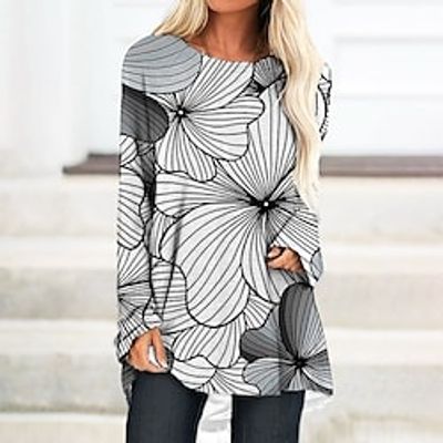 Women's T Shirt Dress Tee Dress Knee Length Dress Black Blue Yellow Khaki Long Sleeve Print Print Fall Winter Crew Neck Casual Vacation 2022 S M L XL XXL 3XL miniinthebox