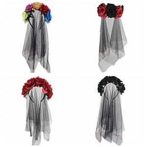 Halloween Red Black Hair Hoop Beautiful Woman Witch Dress up Rose Flower Veil Deads Day Party Head Buckle Hair Accessories Lightinthebox