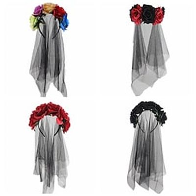 Halloween Red Black Hair Hoop Beautiful Woman Witch Dress up Rose Flower Veil Deads Day Party Head Buckle Hair Accessories Lightinthebox