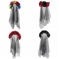 Halloween Red Black Hair Hoop Beautiful Woman Witch Dress up Rose Flower Veil Deads Day Party Head Buckle Hair Accessories Lightinthebox - thumbnail