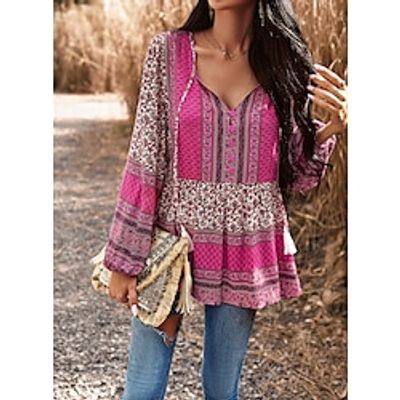 Women's Shirt Blouse Floral Lantern Sleeve Pink Blue Green Print Lace up Button Long Sleeve Casual Fashion V Neck Regular Fit Spring   Fall Lightinthebox