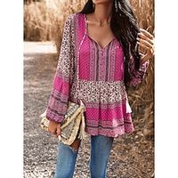 Women's Shirt Blouse Floral Lantern Sleeve Pink Blue Green Print Lace up Button Long Sleeve Casual Fashion V Neck Regular Fit Spring   Fall Lightinthebox - thumbnail