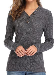 V Neck Brief Plain Long Sleeve Knit Pullover