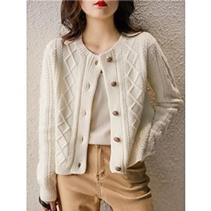 Women's Cardigan Sweater Jacket Crew Neck Cable Knit Acrylic Button Knitted Fall Winter Regular Outdoor Daily Going out Fashion Streetwear Casual Long Sleeve Solid Color Yellow Purple Beige S M L Lightinthebox