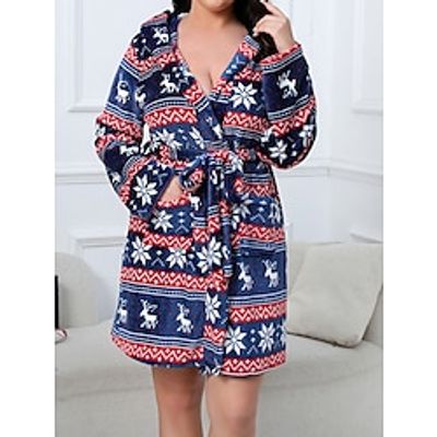 Women's Plus Size Pajamas Robe Bathrobe Star Elk Plush Casual Comfort Home Christmas Daily Flannel Warm Hoodie Long Sleeve Pocket Fall Winter Red Blue Lightinthebox
