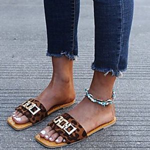 Women's Sandals Flat Heel Square Toe PU Beading Solid Colored Leopard Black Green miniinthebox