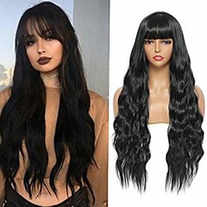 sylhair long curly wavy wig with bangs 30 inch synthetic black wavy wigs for women natural looking full heat resistant fiber wigs for daily use (1b) Lightinthebox