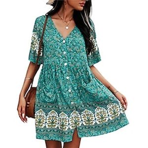 Women's Shift Dress Swing Dress Floral Dress Mini Dress Green Yellow Wine Short Sleeve Floral Pocket Spring Summer V Neck Romantic Weekend 2022 S M L XL XXL Lightinthebox