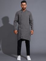 Men Fall IrregularStand Collar Solid Color Button Front Shirt - thumbnail