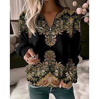 Women's Sweatshirt Pullover Active Quarter Zip Pink Blue Purple Floral Casual Sports V Neck Long Sleeve Top Micro-elastic Fall  Winter miniinthebox - thumbnail