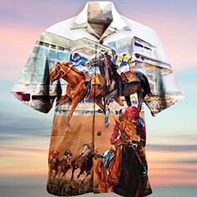 Men's Shirt Summer Hawaiian Shirt Horse Graphic Prints American Flag Horse Racing Cuban Collar Yellow Blue Light Blue Outdoor Casual Short Sleeve Print Clothing Apparel Sports Fashion Streetwear Lightinthebox