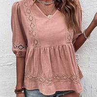 Shirt Blouse Women's Pink Plain Lace Street Daily Fashion V Neck Regular Fit S Lightinthebox