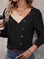 Women's Irregular Lapel Button Decorated Knitted Long Sleeve Top