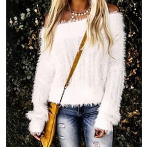 Women's Pullover Sweater jumper Jumper Crochet Knit Cropped Knitted Solid Color Off Shoulder Stylish Casual Holiday Date Fall Winter White S M L  Long Sleeve Lightinthebox