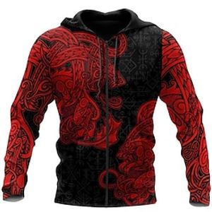 Men's Full Zip Hoodie Jacket Red Hooded Graphic Prints Zipper Print Sports  Outdoor Daily Sports 3D Print Streetwear Designer Casual Spring   Fall Clothing Apparel Viking Hoodies Sweatshirts  Long miniinthebox