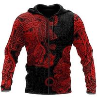 Men's Full Zip Hoodie Jacket Red Hooded Graphic Prints Zipper Print Sports  Outdoor Daily Sports 3D Print Streetwear Designer Casual Spring   Fall Clothing Apparel Viking Hoodies Sweatshirts  Long miniinthebox - thumbnail