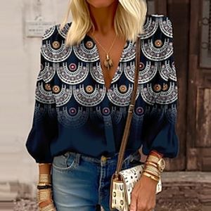 Women's Shirt Blouse Red Blue Purple Graphic Button Print Long Sleeve Casual Holiday Fashion Standing Collar Regular Fit Spring   Fall Lightinthebox