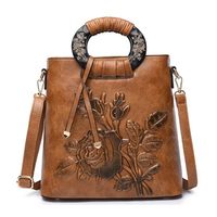 Women Vintage Flower Print PU Leather Crossbody Bag