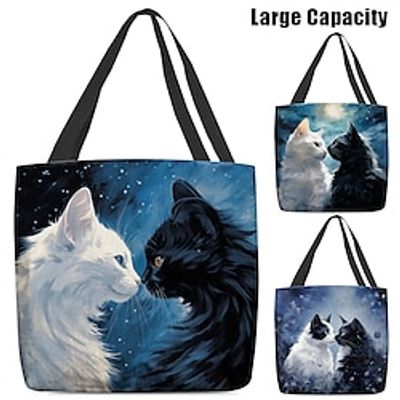 Women's Tote Shoulder Bag Canvas Tote Bag Polyester Shopping Daily Holiday Print Large Capacity Foldable Lightweight Cat Navy Blue Royal Blue Blue miniinthebox