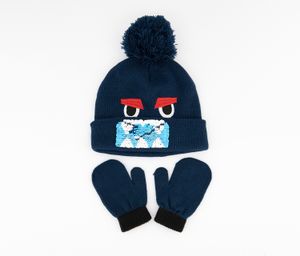 Big Boys Reversible Sequin Hat & Mittens Set  Navy